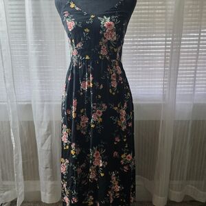 Floral Sleeveless Black Maxi Dress with Pink & Yellow Blooms